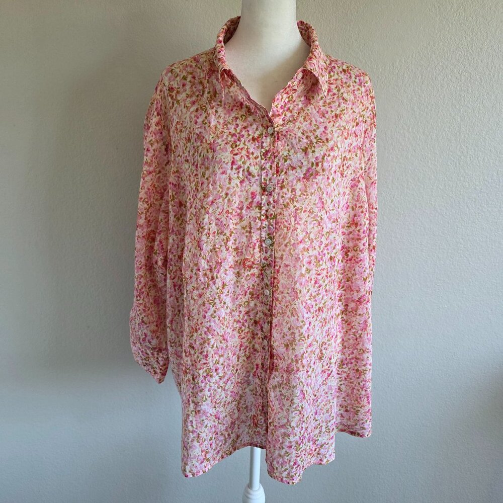 Talbots Blouse Button Shirt Plus Size 24W Artsy Floral Cotton Pink Lightweight